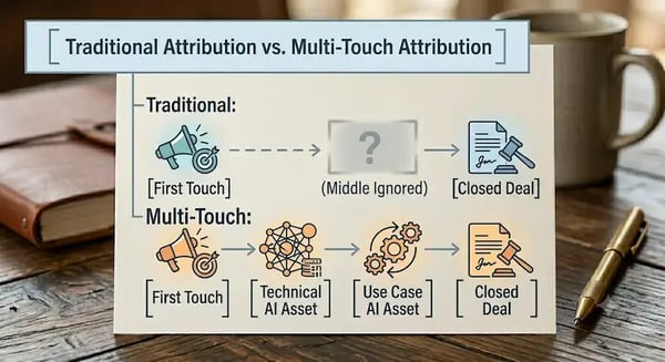 A comparison diagram titled "Traditional Attribution vs. Multi-Touch Attribution" displaying two linear workflows. The "Traditional" path shows an arrow moving from "First Touch" through a greyed-out "(Middle Ignored)" question mark box directly to "Closed Deal." The "Multi-Touch" path shows a continuous arrow sequence flowing from "First Touch" to "Technical AI Asset" to "Use Case AI Asset" and finally to "Closed Deal," illustrating how mid-funnel content interactions receive proper attribution.